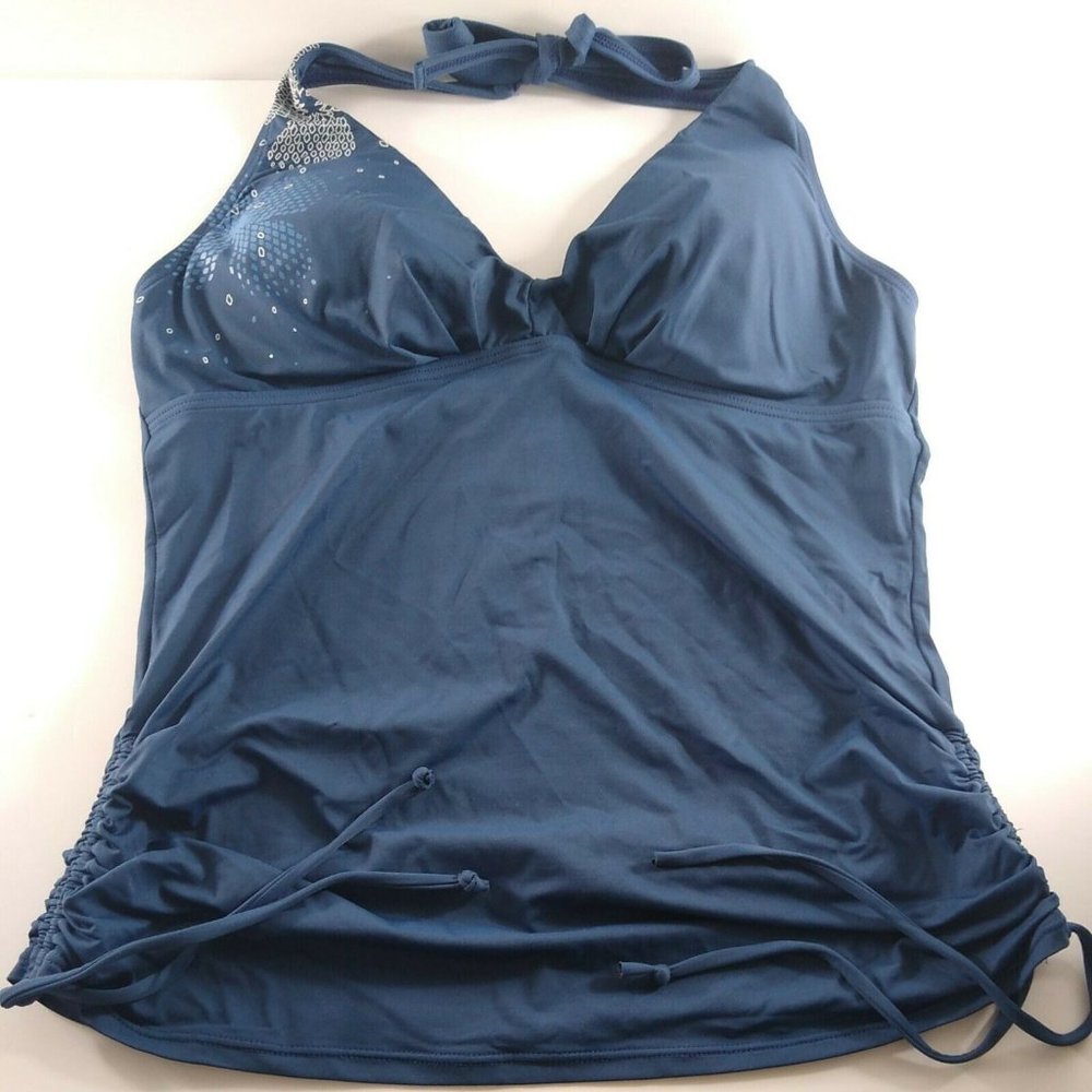 Lole Swimsuit Tankini Top Blue Ruched Tie Sides Flowers Halter Large